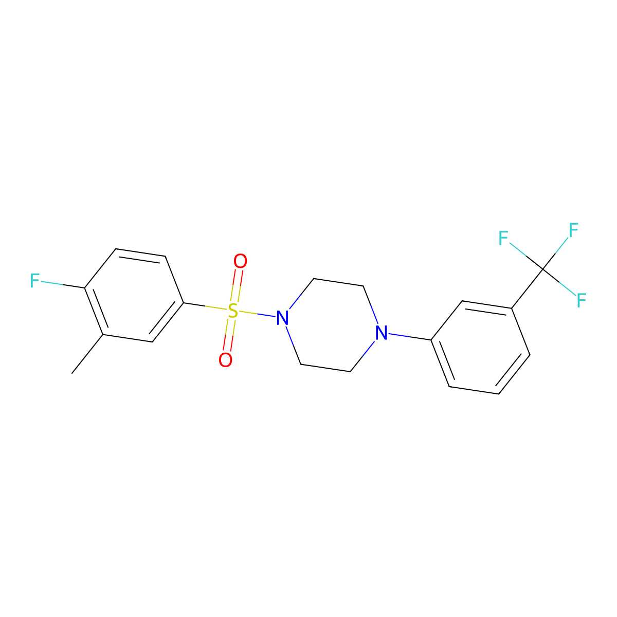 1-((4-Fluoro-3-methylphenyl)sulfonyl)-4-(3-(trifluoromethyl)phenyl)piperazine molecular structure, CAS 2215166-77-9