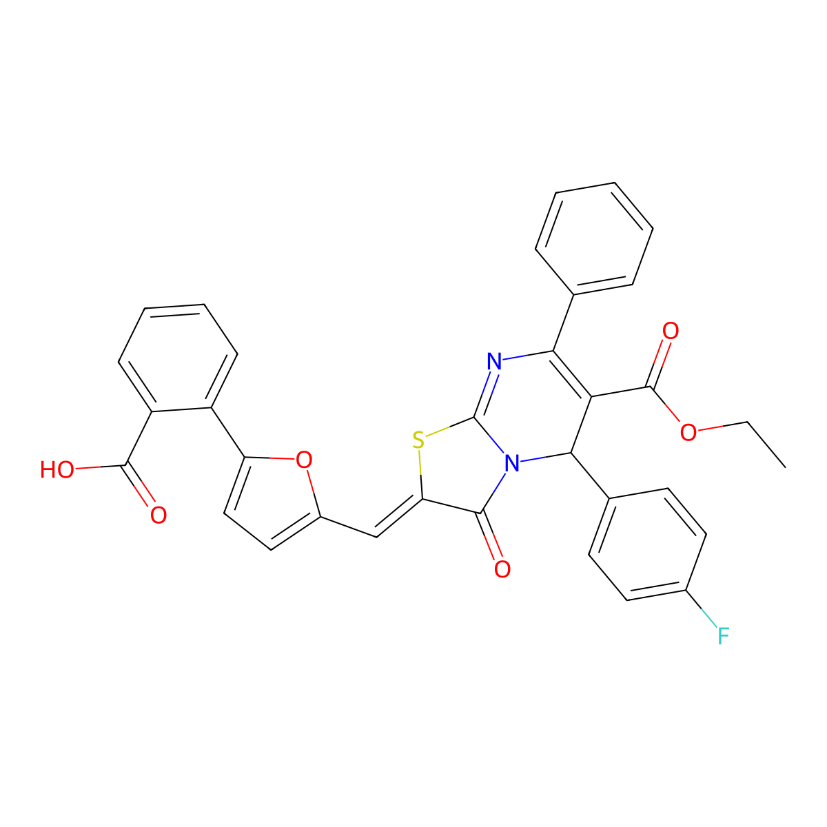2-{5-[(6-(ethoxycarbonyl)-5-(4-fluorophenyl)-3-oxo-7-phenyl-5H-[1,3]thiazolo[3,2-a]pyrimidin-2(3H)-ylidene)methyl]-2-furyl}benzoic acid molecular structure, CAS 221539-43-1