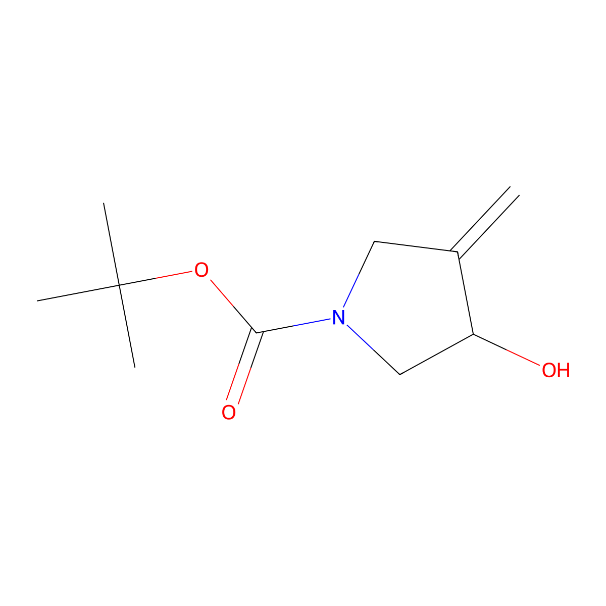tert-butyl (3S)-3-hydroxy-4-methylene-pyrrolidine-1-carboxylate molecular structure, CAS 2215841-38-4
