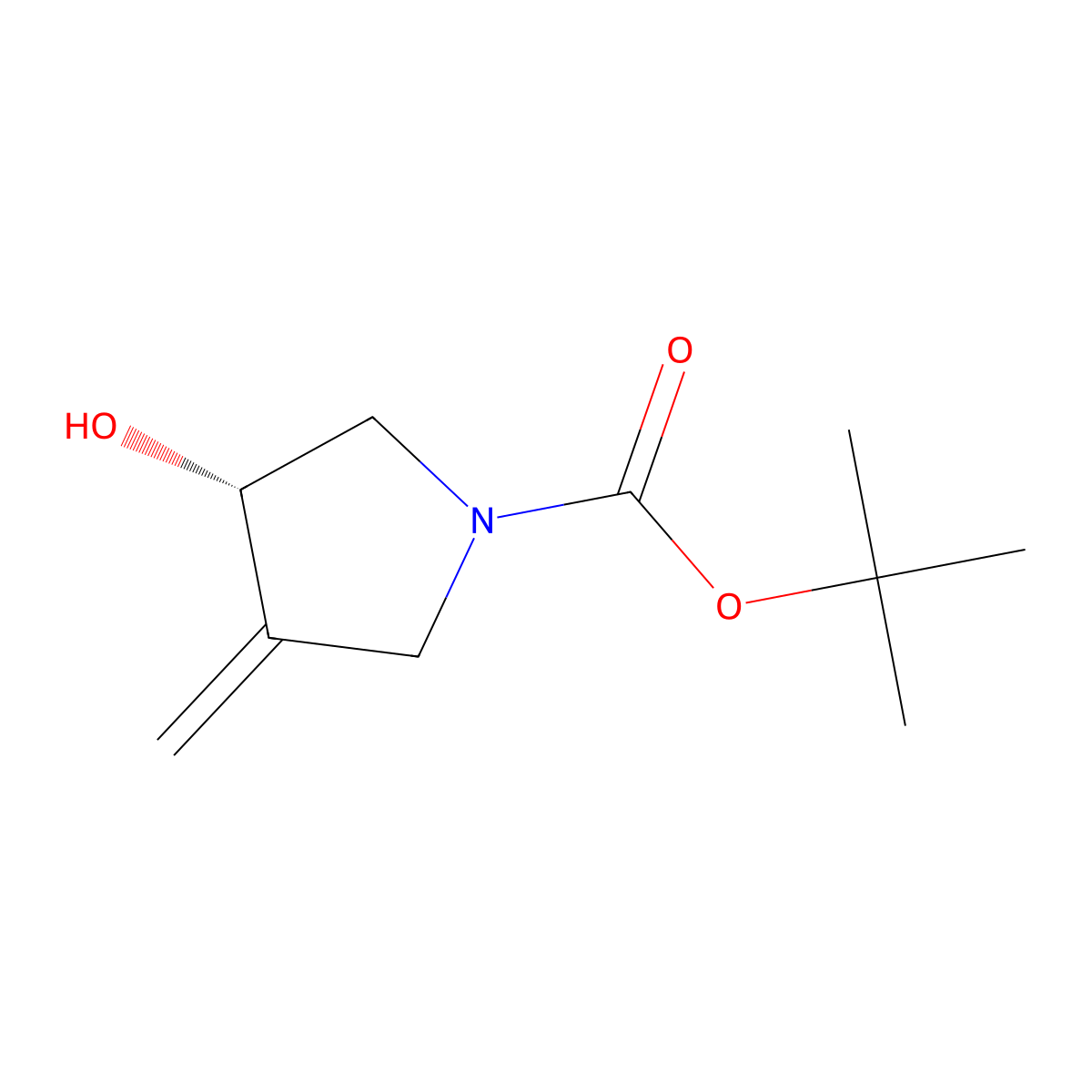 tert-butyl (3S)-3-hydroxy-4-methylene-pyrrolidine-1-carboxylate molecular structure, CAS 2215841-38-4