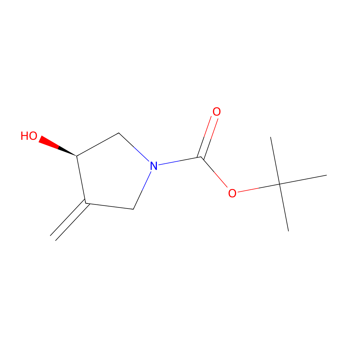 tert-butyl (3R)-3-hydroxy-4-methylene-pyrrolidine-1-carboxylate molecular structure, CAS 2215841-42-0