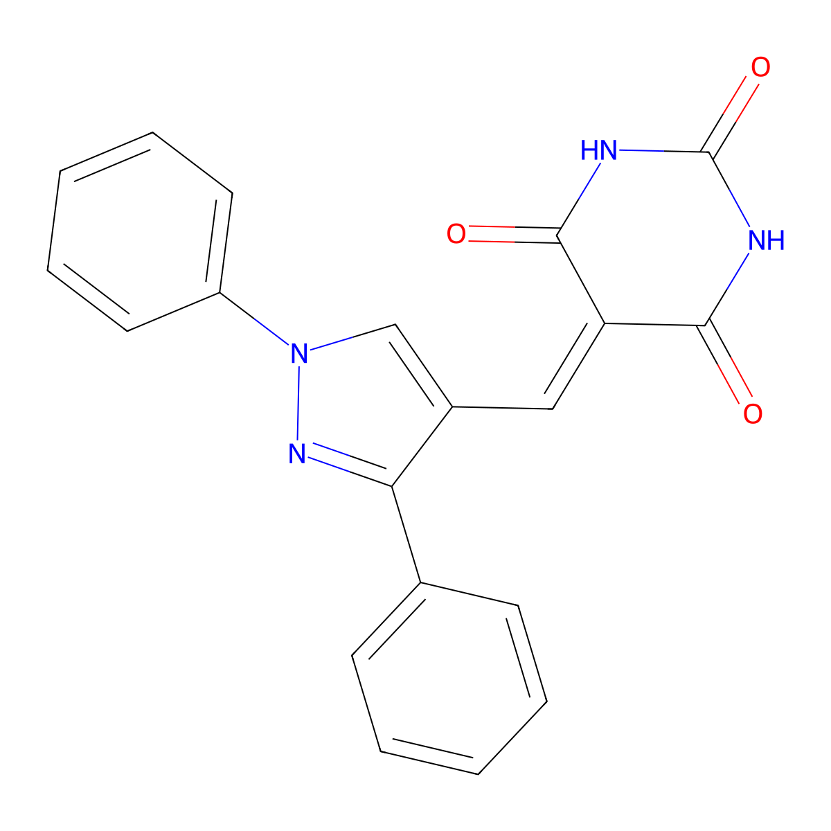5-((1,3-diphenyl-1H-pyrazol-4-yl)methylene)pyrimidine-2,4,6(1H,3H,5H)-trione molecular structure, CAS 221619-35-8