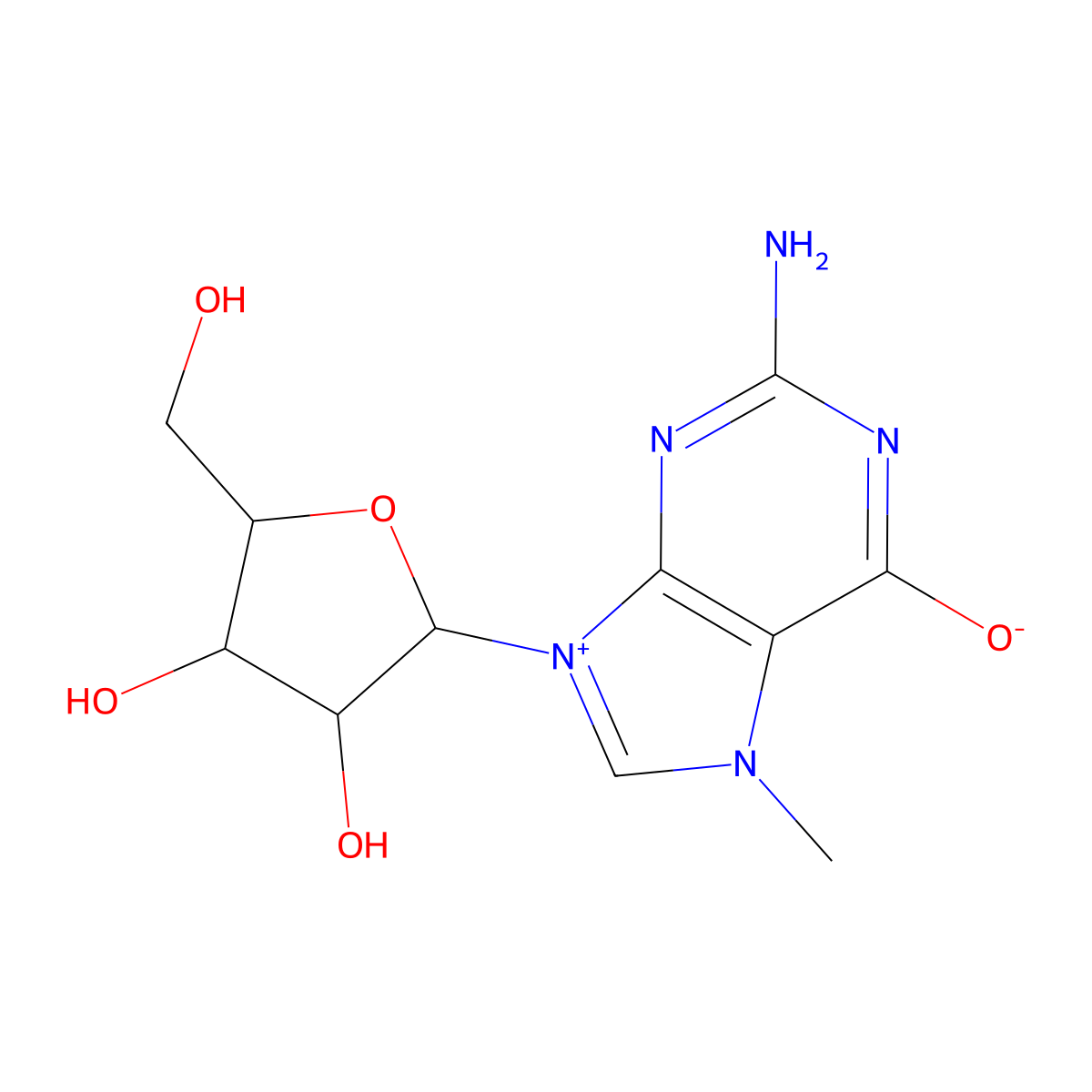 2-amino-9-[(2R,3R,4S,5R)-3,4-dihydroxy-5-(hydroxymethyl)oxolan-2-yl]-7-methylpurin-9-ium-6-olate molecular structure, CAS 22164-16-5