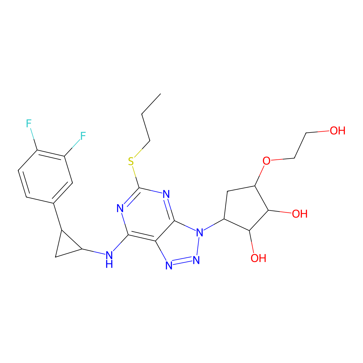 (1R,2R,3S,5R)-3-(7-(((1R,2S)-2-(3,4-difluorophenyl)cyclopropyl)amino)-5-(propylthio)-3H-[1,2,3]triazolo[4,5-d]pyrimidin-3-yl)-5-(2-hydroxyethoxy)cyclopentane-1,2-diol molecular structure, CAS 2216753-87-4
