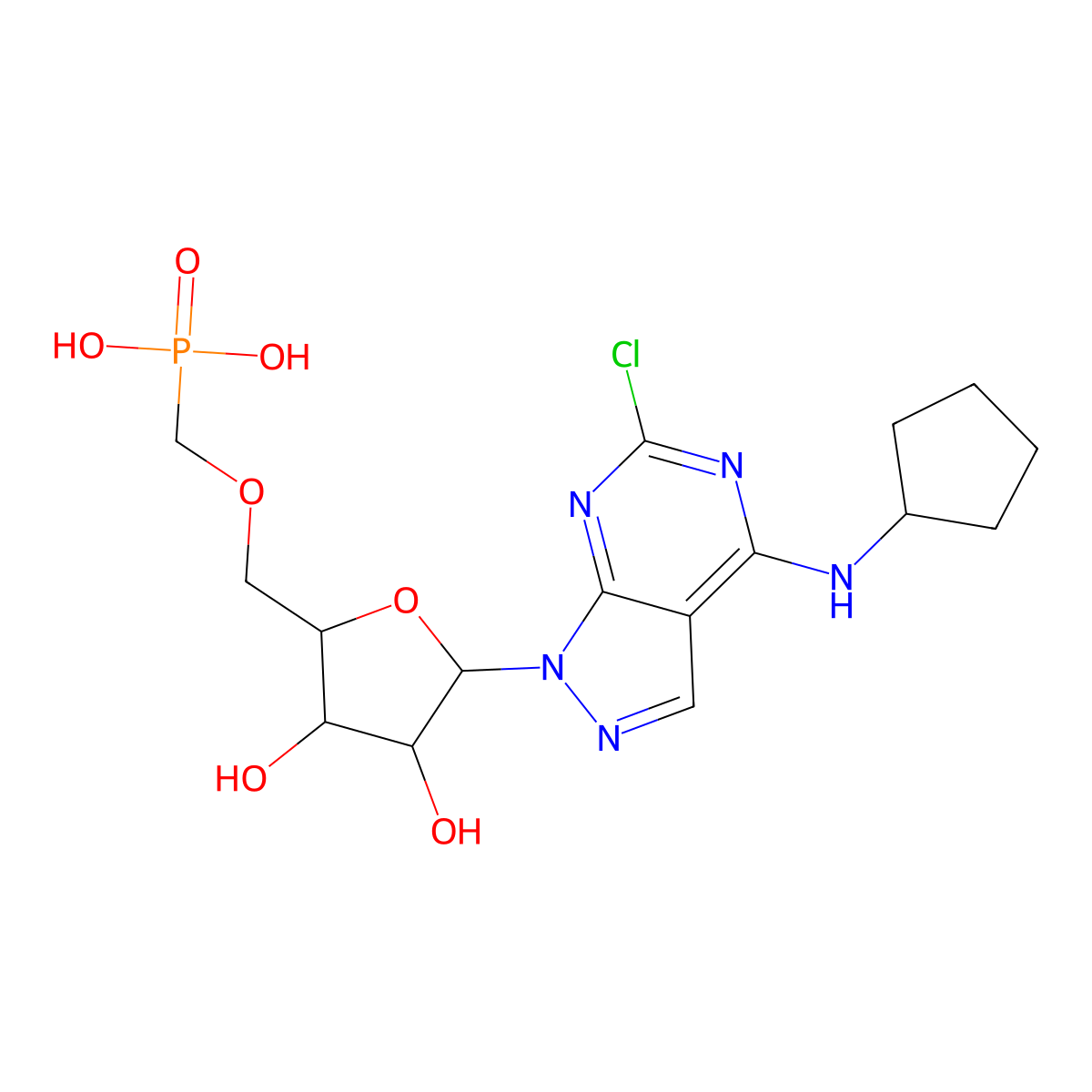 ((((2R,3S,4R,5R)-5-(6-Chloro-4-(cyclopentylamino)-1H-pyrazolo[3,4-d]pyrimidin-1-yl)-3,4-dihydroxytetrahydrofuran-2-yl)methoxy)methyl)phosphonic acid molecular structure, CAS 2216764-29-1
