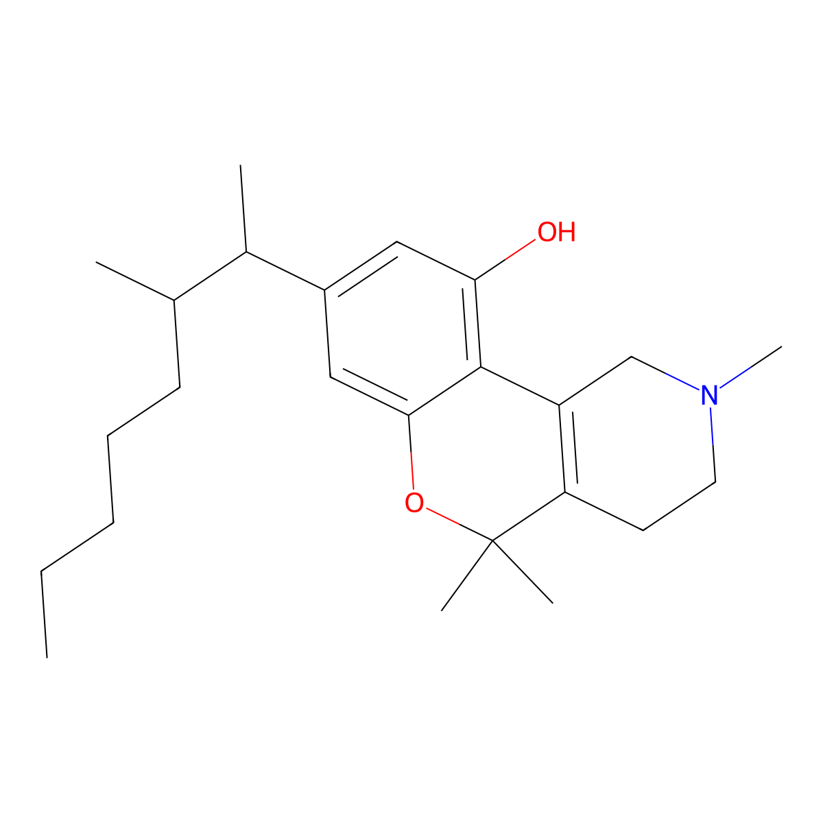 5H-(1)Benzopyrano(4,3-c)pyridine, 1,2,3,4-tetrahydro-5,5-dimethyl-8-(1,2-dimethylheptyl)-10-hydroxy-2-methyl- molecular structure, CAS 22168-73-6
