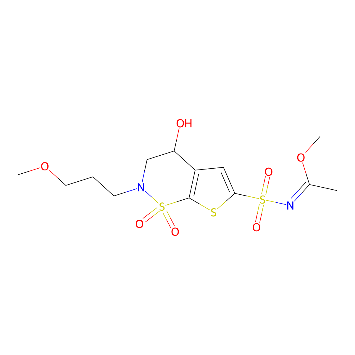 (S,E)-Methyl N-(4-hydroxy-2-(3-methoxypropyl)-1,1-dioxido-3,4-dihydro-2H-thieno[3,2-e][1,2]thiazin-6-yl)sulfonylacetimidate molecular structure, CAS 221910-88-9