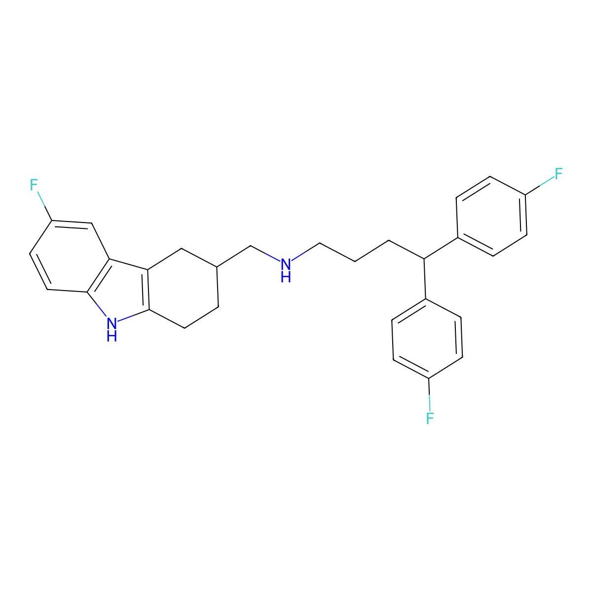 N-((6-Fluoro-2,3,4,9-tetrahydro-1H-carbazol-3-yl)methyl)-4,4-bis(4-fluorophenyl)butan-1-amine molecular structure, CAS 2219320-08-6