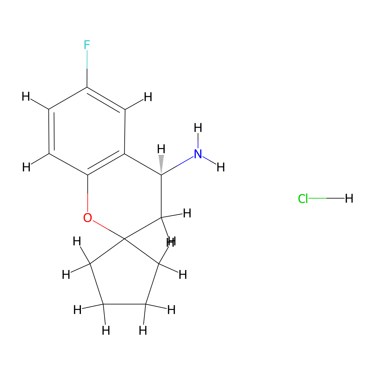 (4S)-6-fluoro-3,4-dihydrospiro[1-benzopyran-2,1'-cyclopentane]-4-amine hydrochloride molecular structure, CAS 2219353-63-4