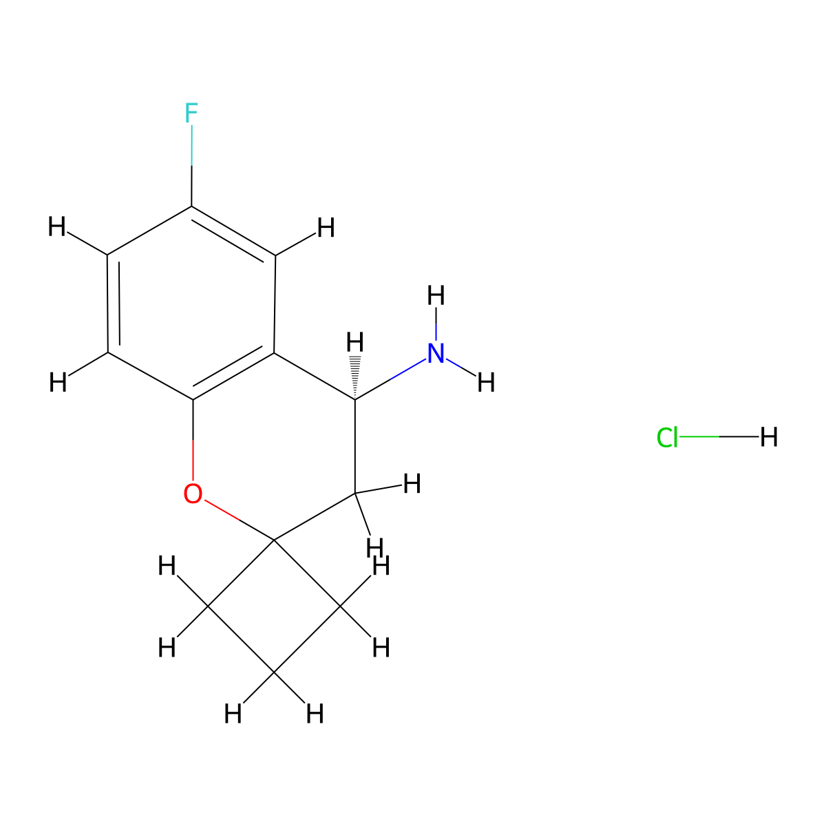 (4S)-6-fluoro-3,4-dihydrospiro[1-benzopyran-2,1'-cyclobutane]-4-amine hydrochloride molecular structure, CAS 2219353-75-8