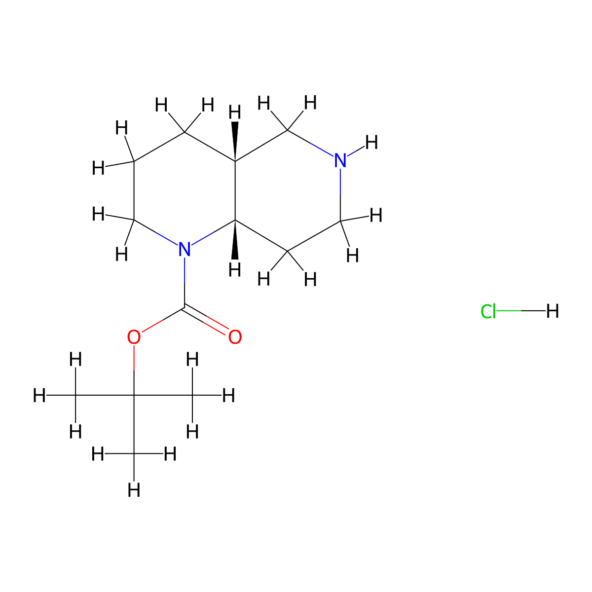rac-tert-butyl (4aR,8aS)-decahydro-1,6-naphthyridine-1-carboxylate hydrochloride, cis molecular structure, CAS 2219368-65-5