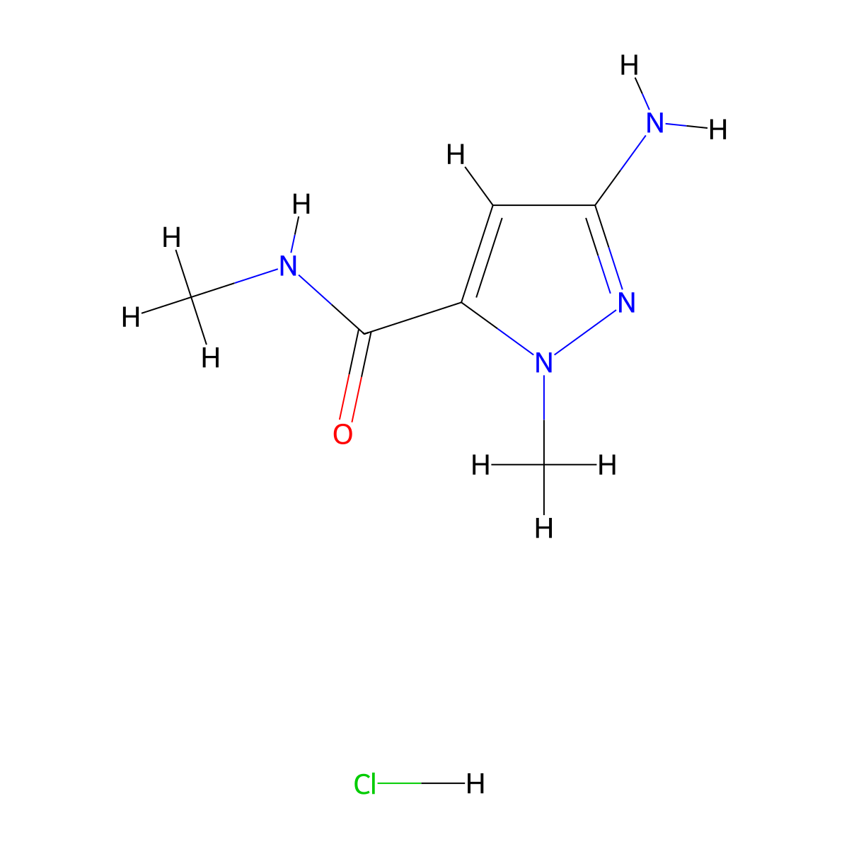 3-amino-N,1-dimethyl-1H-pyrazole-5-carboxamide hydrochloride molecular structure, CAS 2219369-05-6