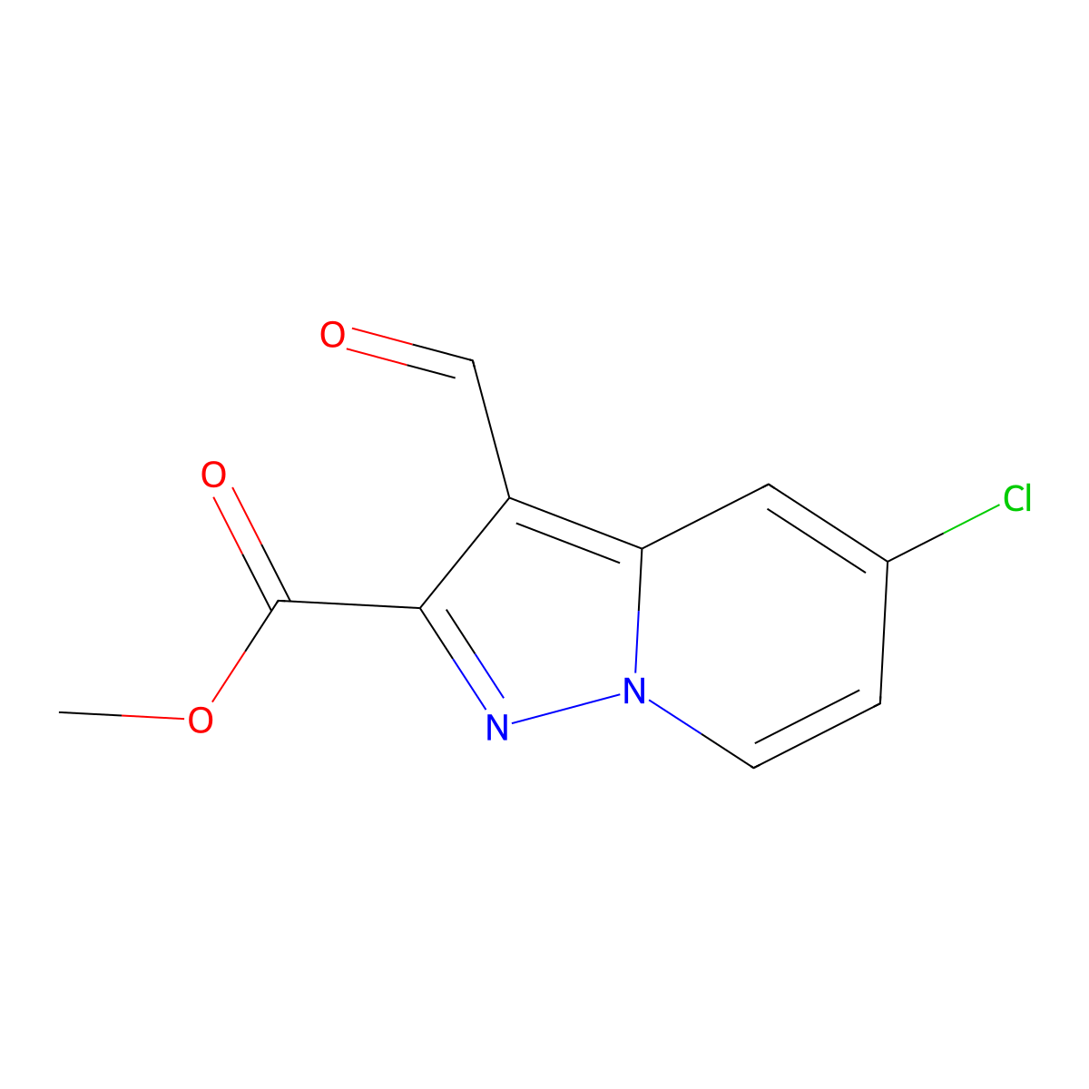 Methyl 5-chloro-3-formylpyrazolo(1,5-a)pyridine-2-carboxylate molecular structure, CAS 2219371-25-0