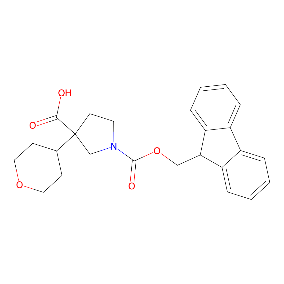 1-{[(9H-fluoren-9-yl)methoxy]carbonyl}-3-(oxan-4-yl)pyrrolidine-3-carboxylic acid molecular structure, CAS 2219371-89-6