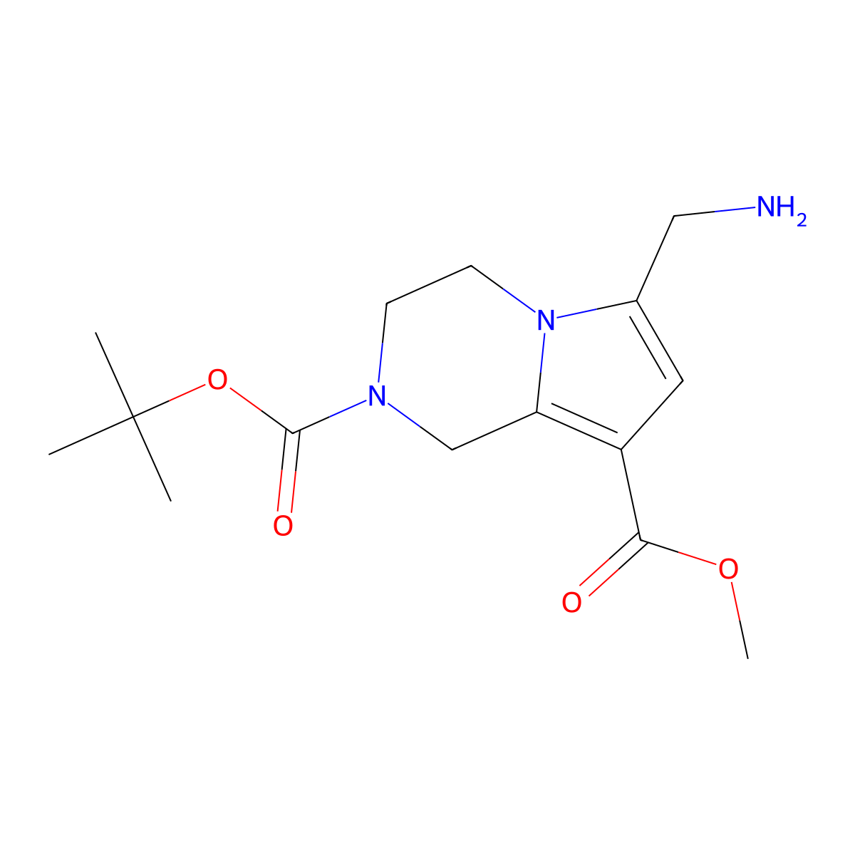 2-tert-butyl 8-methyl 6-(aminomethyl)-1H,2H,3H,4H-pyrrolo(1,2-a)pyrazine-2,8-dicarboxylate molecular structure, CAS 2219373-50-7