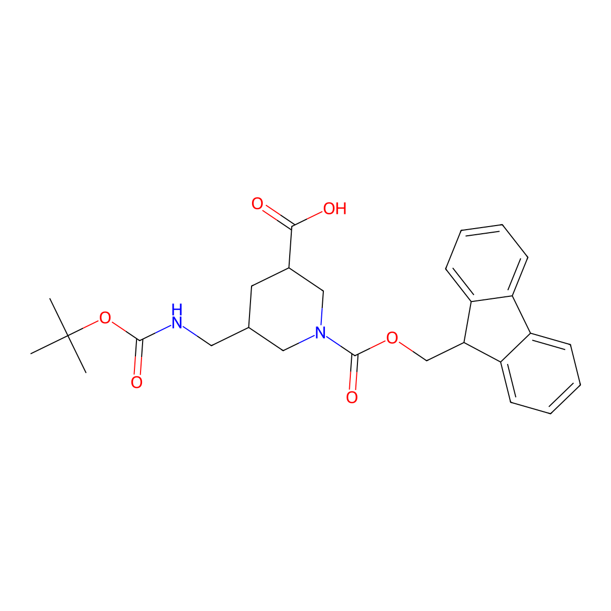 5-((((tert-butoxy)carbonyl)amino)methyl)-1-((9H-fluoren-9-ylmethoxy)carbonyl)piperidine-3-carboxylic acid molecular structure, CAS 2219379-53-8