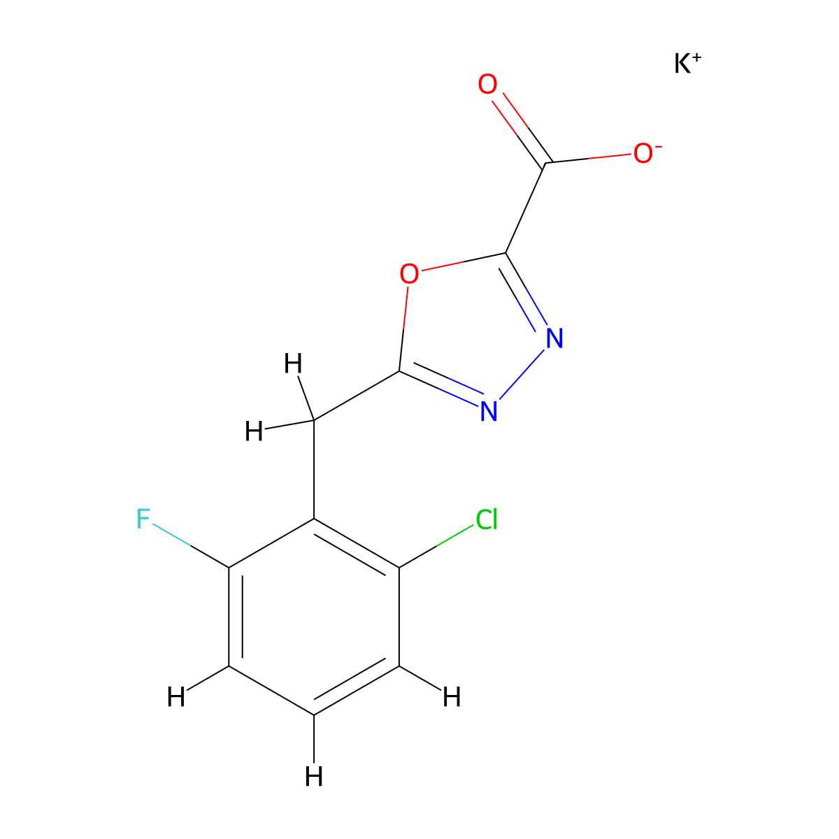 Potassium 5-[(2-chloro-6-fluorophenyl)methyl]-1,3,4-oxadiazole-2-carboxylate molecular structure, CAS 2219407-35-7