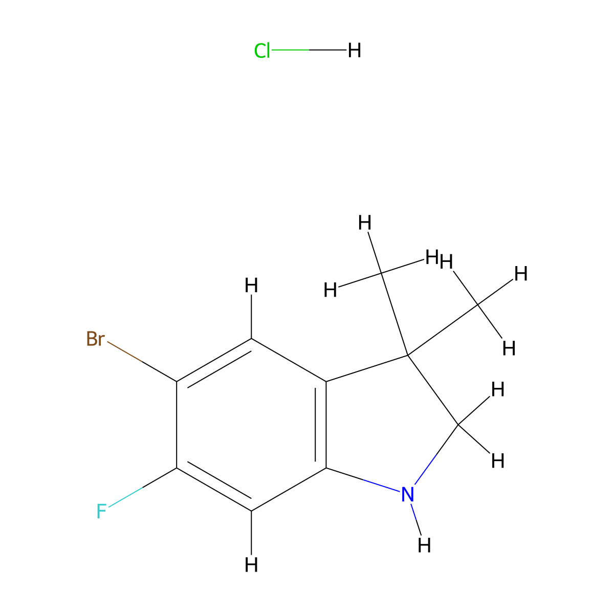5-bromo-6-fluoro-3,3-dimethyl-2,3-dihydro-1H-indole hydrochloride molecular structure, CAS 2219407-78-8