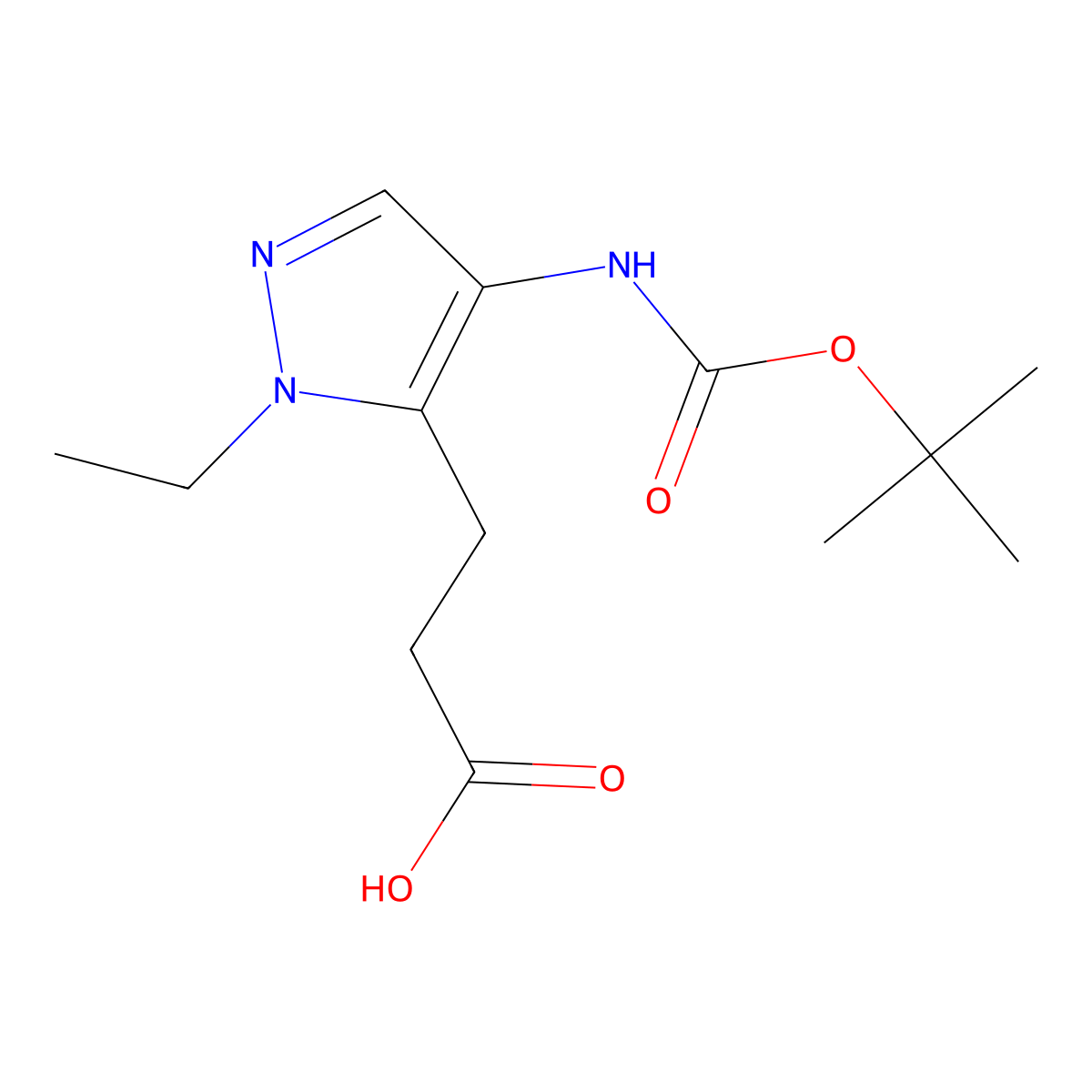 3-(4-{[(tert-butoxy)carbonyl]amino}-1-ethyl-1H-pyrazol-5-yl)propanoic acid molecular structure, CAS 2219408-58-7
