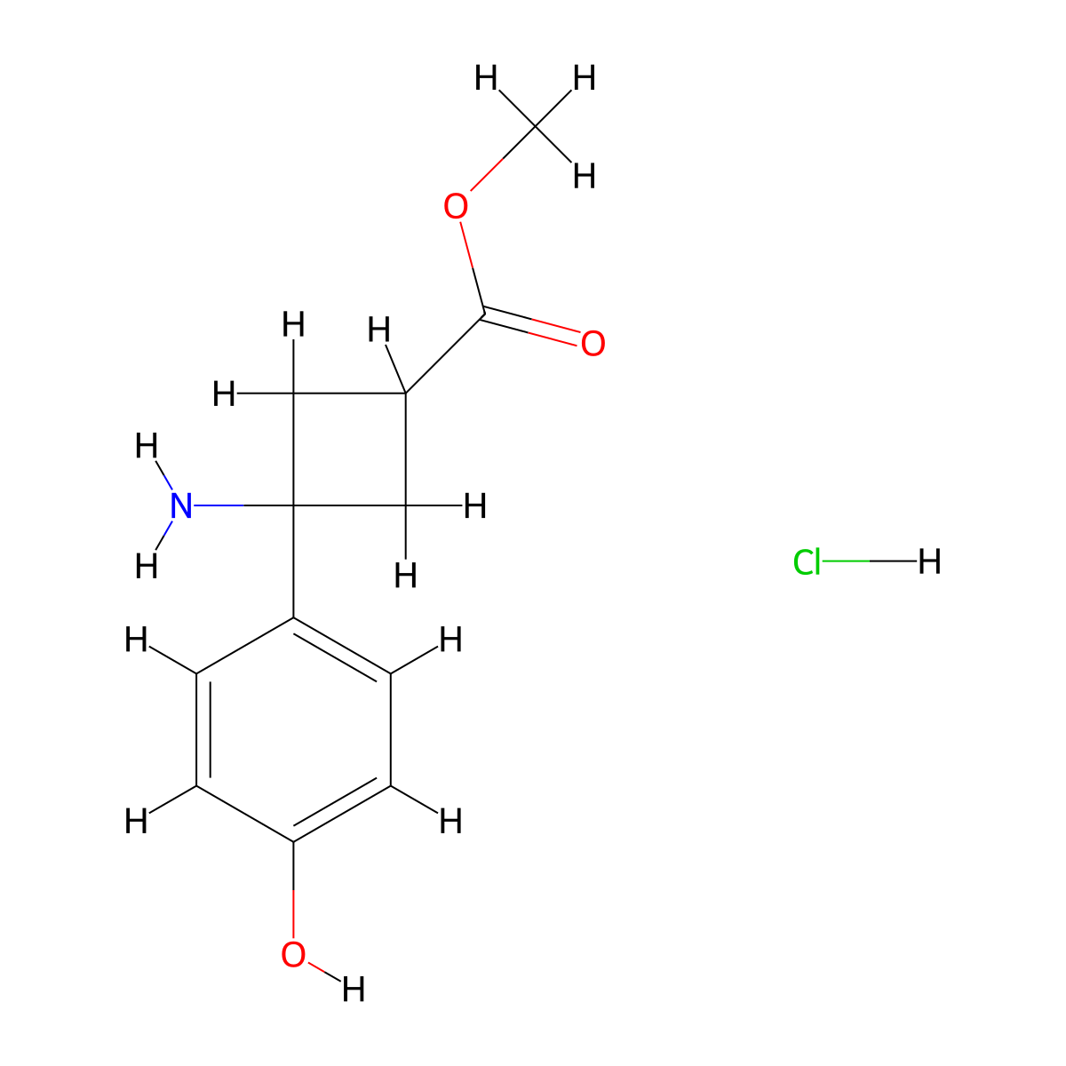 Methyl 3-amino-3-(4-hydroxyphenyl)cyclobutane-1-carboxylate hydrochloride molecular structure, CAS 2219419-04-0