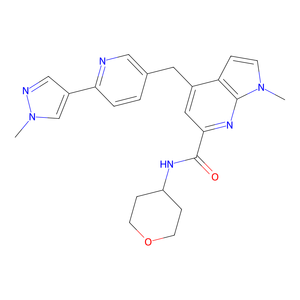1-Methyl-4-((6-(1-methyl-1H-pyrazol-4-YL)pyridin-3-YL)methyl)-N-(tetrahydro-2H-pyran-4-YL)-1H-pyrrolo[2,3-B]pyridine-6-carboxamide molecular structure, CAS 2220141-46-6