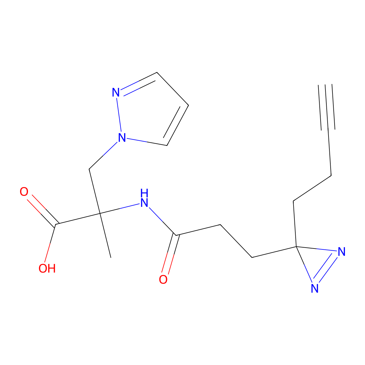 2-{3-[3-(but-3-yn-1-yl)-3H-diazirin-3-yl]propanamido}-2-methyl-3-(1H-pyrazol-1-yl)propanoic acid molecular structure, CAS 2220169-71-9