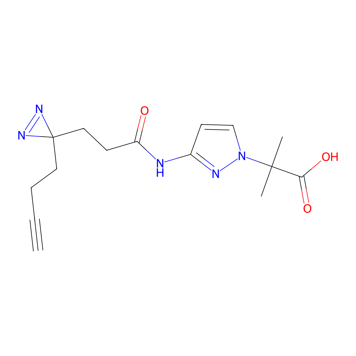 2-(3-{3-[3-(but-3-yn-1-yl)-3H-diazirin-3-yl]propanamido}-1H-pyrazol-1-yl)-2-methylpropanoic acid molecular structure, CAS 2220205-48-9