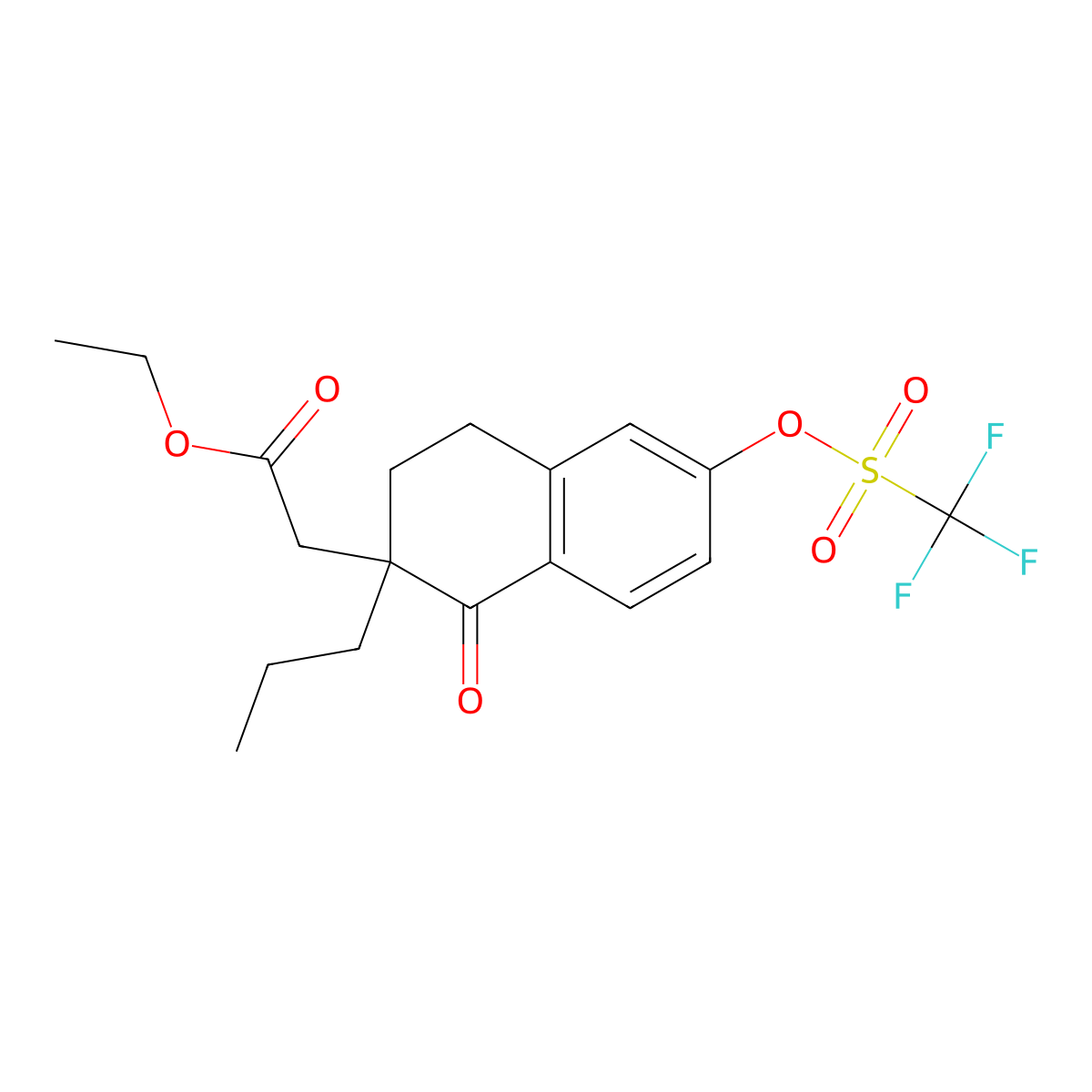 Ethyl 2-(1-oxo-2-propyl-6-(((trifluoromethyl)sulfonyl)oxy)-1,2,3,4-tetrahydronaphthalen-2-yl)acetate molecular structure, CAS 2221084-34-8