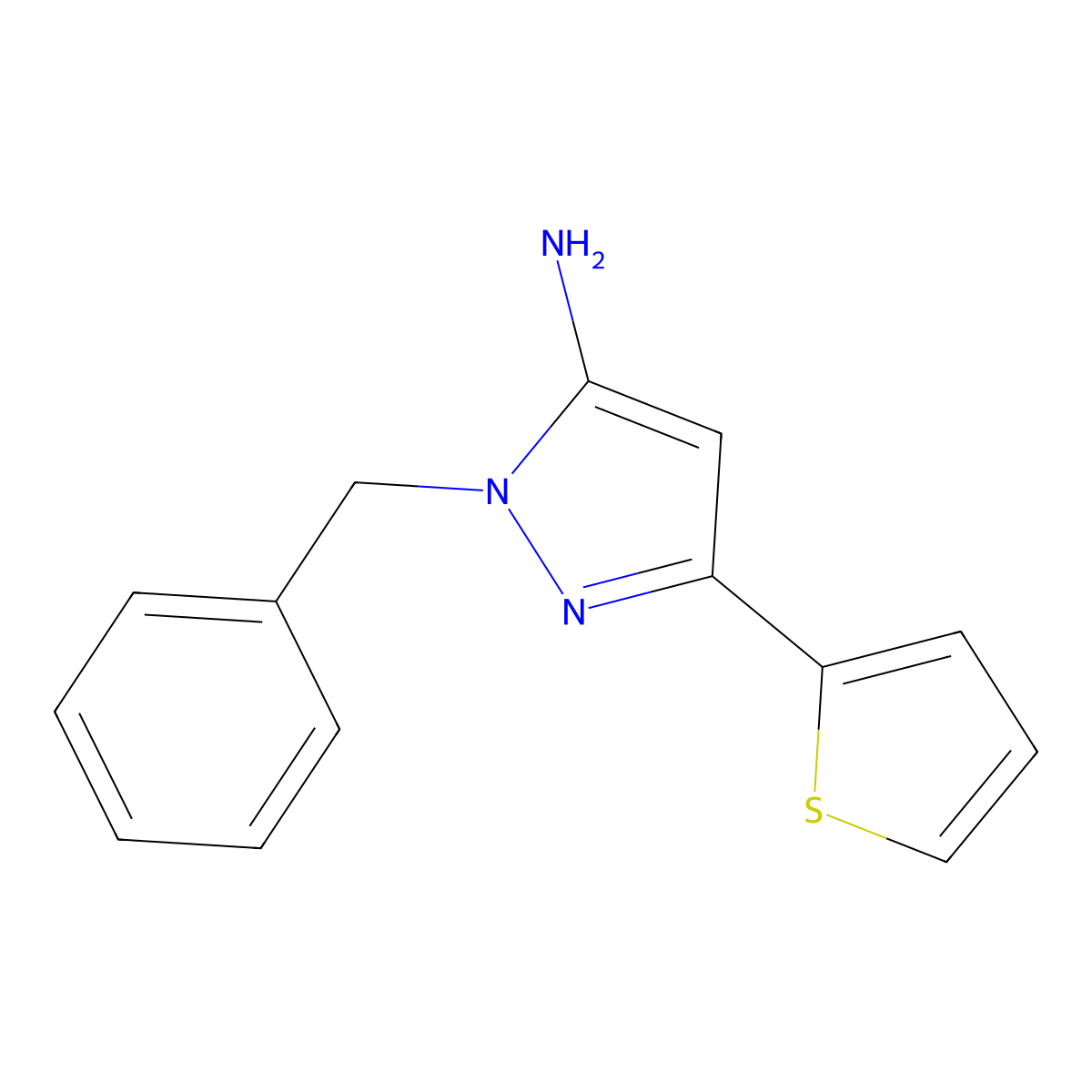 1-benzyl-3-(thiophen-2-yl)-1H-pyrazol-5-amine molecular structure, CAS 222160-56-7