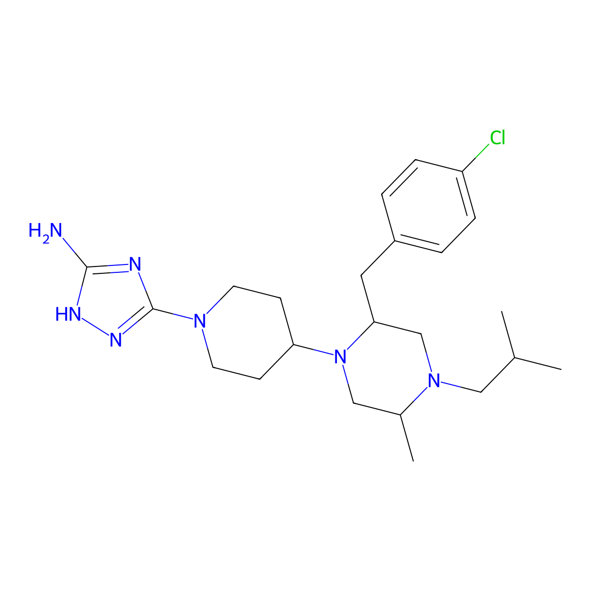 1H-1,2,4-Triazol-3-amine, 5-[4-[(2S,5S)-2-[(4-chlorophenyl)methyl]-5-methyl-4-(2-methylpropyl)-1-piperazinyl]-1-piperidinyl]- molecular structure, CAS 2221950-65-6