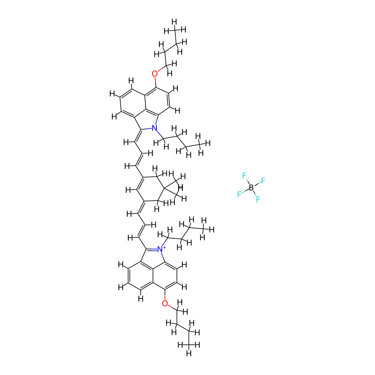 9-butoxy-3-[(1E)-3-[(1E)-3-[(1E)-3-[(3Z)-9-butoxy-2-butyl-2-azatricyclo[6.3.1.0^{4,12}]dodeca-1(12),4,6,8,10-pentaen-3-ylidene]prop-1-en-1-yl]-5,5-dimethylcyclohex-2-en-1-ylidene]prop-1-en-1-yl]-2-butyl-2-azatricyclo[6.3.1.0^{4,12}]dodeca-1(12),2,4,6,8,10-hexaen-2-ium; tetrafluoroboranuide molecular structure, CAS 2221950-84-9