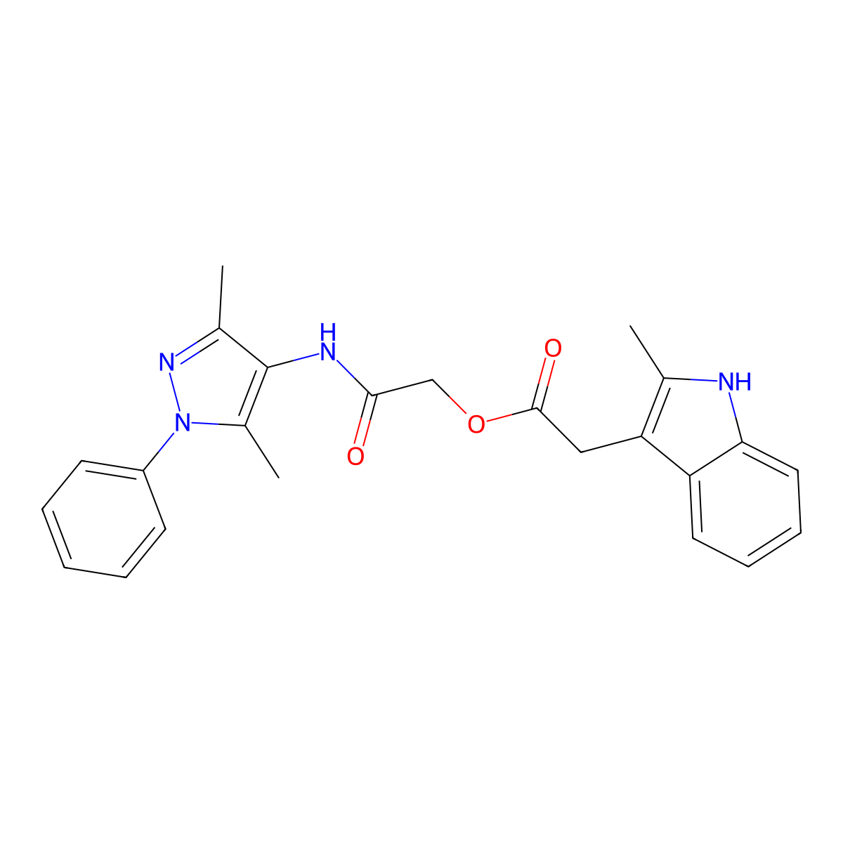 2-((3,5-dimethyl-1-phenyl-1H-pyrazol-4-yl)amino)-2-oxoethyl 2-(2-methyl-1H-indol-3-yl)acetate molecular structure, CAS 2222059-70-1