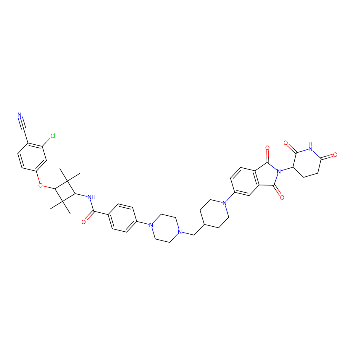 N-[3-(3-chloro-4-cyanophenoxy)-2,2,4,4-tetramethylcyclobutyl]-4-[4-[[1-[2-(2,6-dioxopiperidin-3-yl)-1,3-dioxoisoindol-5-yl]piperidin-4-yl]methyl]piperazin-1-yl]benzamide molecular structure, CAS 2222111-87-5
