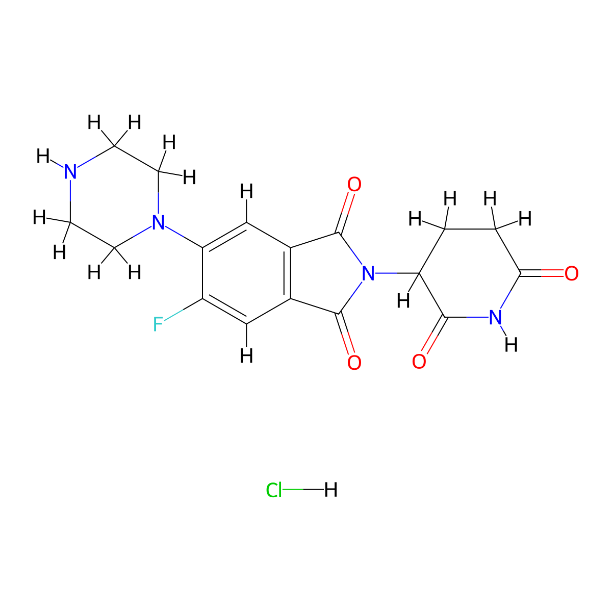 2-(2,6-dioxopiperidin-3-yl)-5-fluoro-6-(piperazin-1-yl)-2,3-dihydro-1H-isoindole-1,3-dione hydrochloride molecular structure, CAS 2222114-23-8