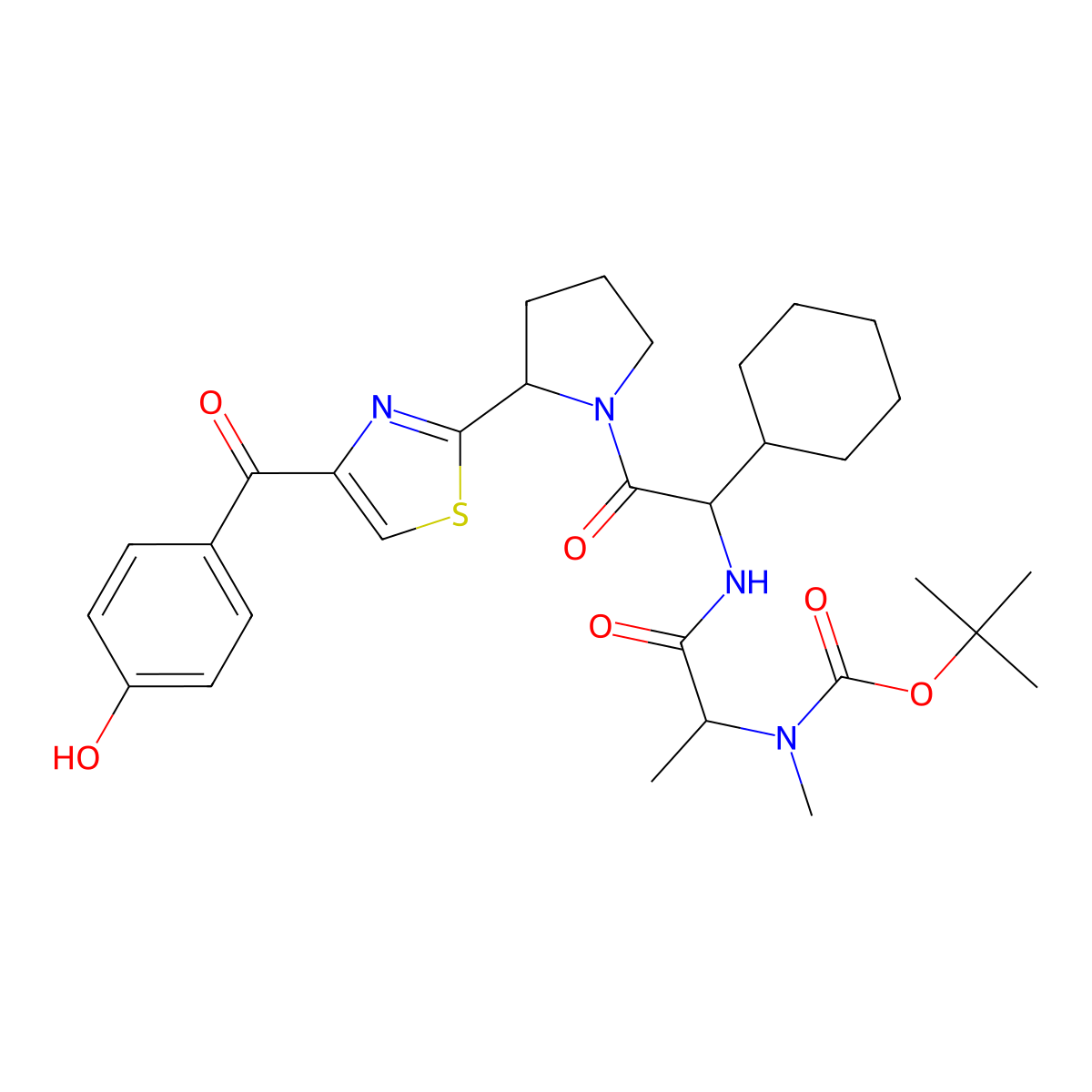 tert-Butyl ((S)-1-(((S)-1-cyclohexyl-2-((S)-2-(4-(4-hydroxybenzoyl)thiazol-2-yl)pyrrolidin-1-yl)-2-oxoethyl)amino)-1-oxopropan-2-yl)(methyl)carbamate molecular structure, CAS 2222354-11-0