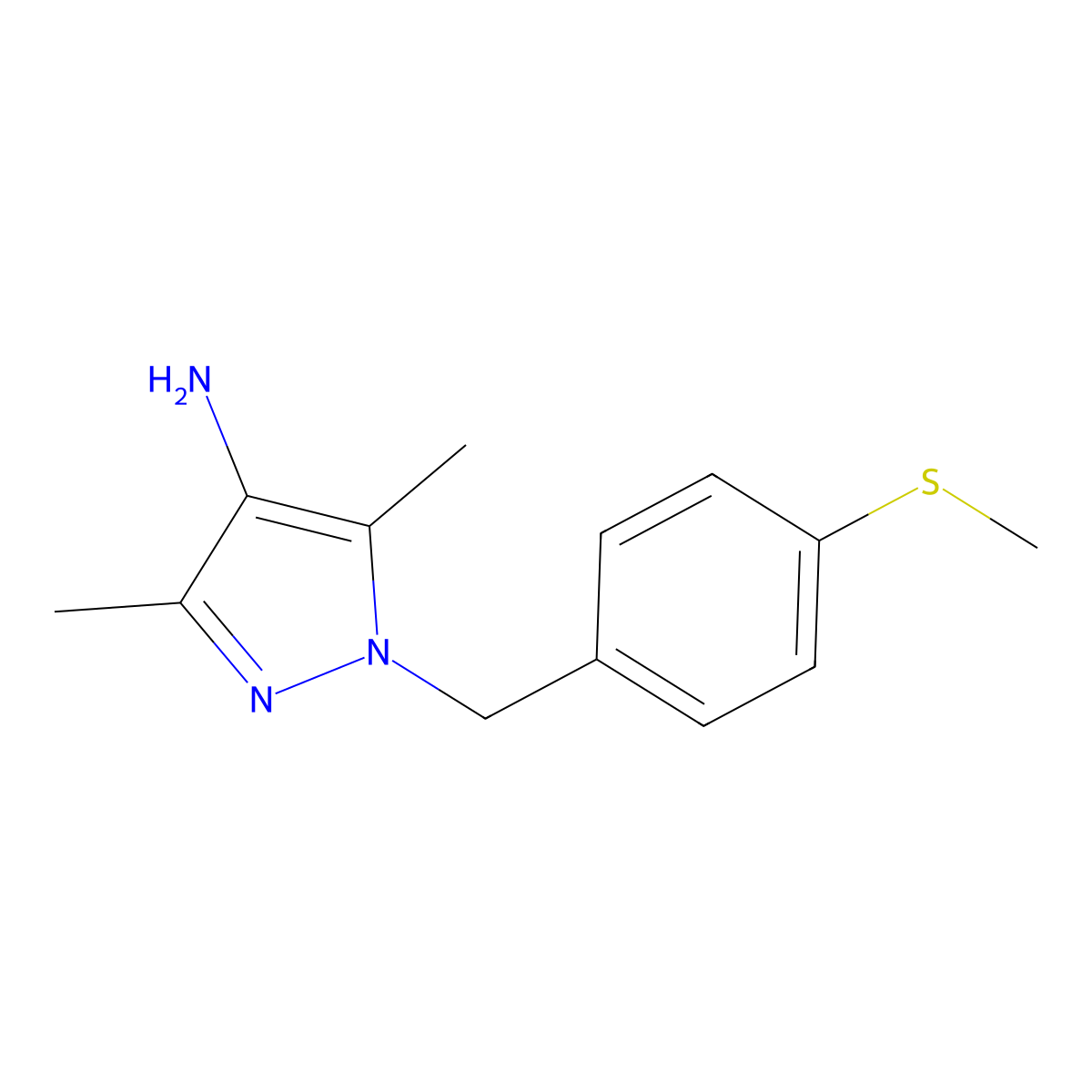 3,5-Dimethyl-1-[(4-methylsulfanylphenyl)methyl]pyrazol-4-amine molecular structure, CAS 2222511-80-8