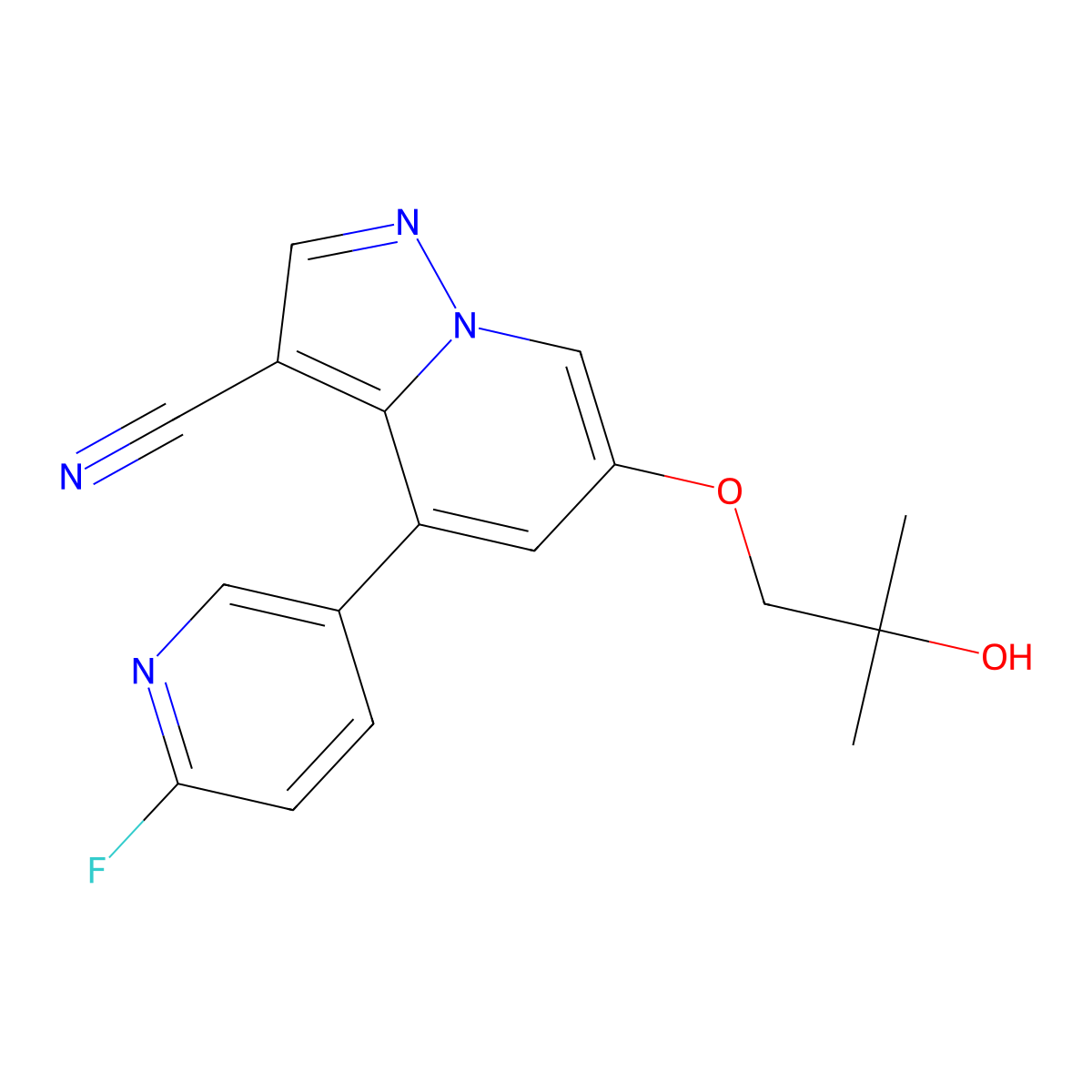4-(6-Fluoropyridin-3-yl)-6-(2-hydroxy-2-methylpropoxy)pyrazolo[1,5-a]pyridine-3-carbonitrile molecular structure, CAS 2222653-74-7
