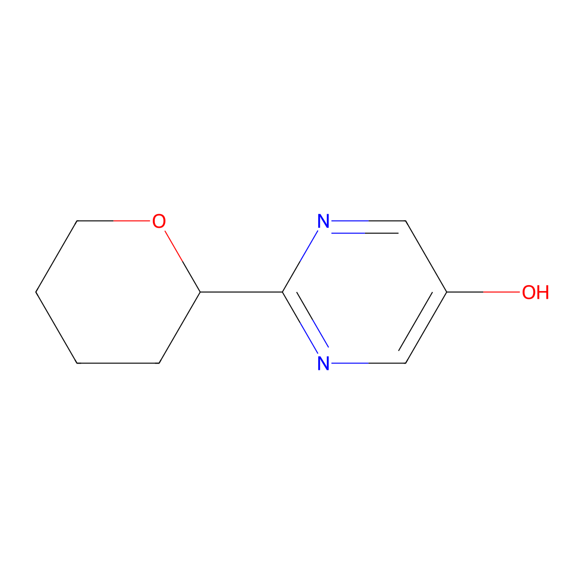 2-(tetrahydro-2H-pyran-2-yl)pyrimidin-5-ol molecular structure, CAS 2222934-34-9