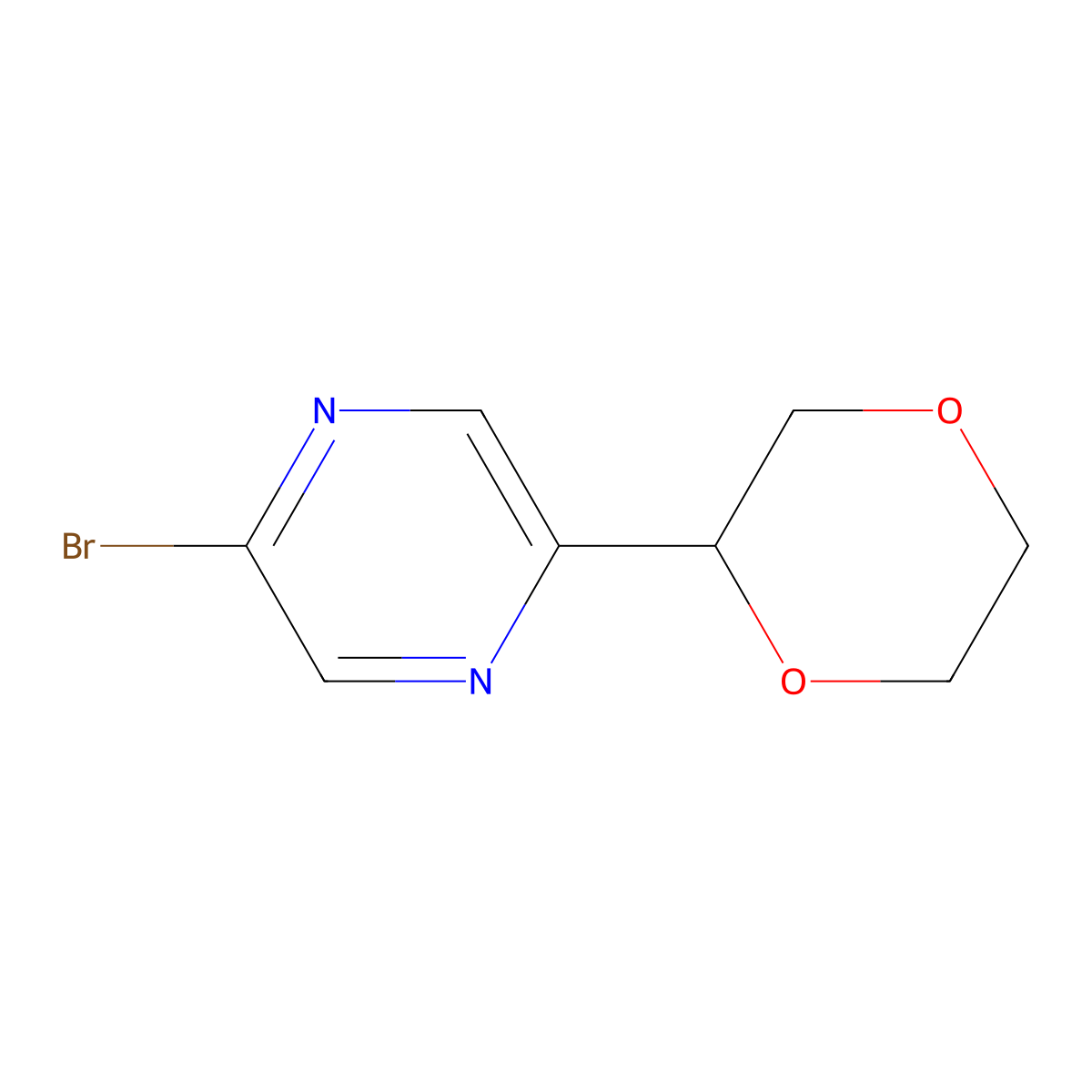2-Bromo-5-(1,4-dioxan-2-yl)pyrazine molecular structure, CAS 2222935-06-8