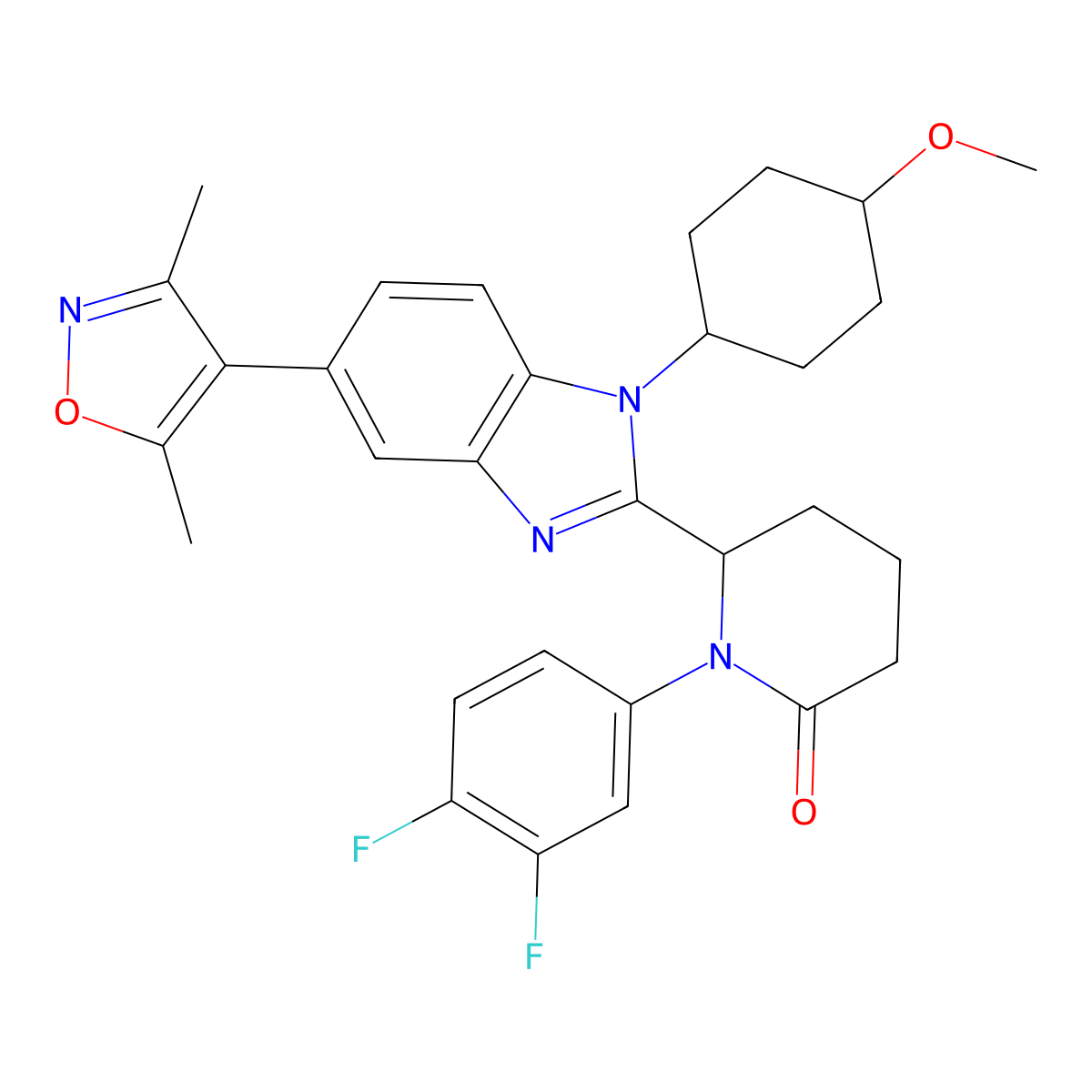 (6S)-1-(3,4-difluorophenyl)-6-(5-(3,5-dimethyl-1,2-oxazol-4-yl)-1-(4-methoxycyclohexyl)benzimidazol-2-yl)piperidin-2-one molecular structure, CAS 2222941-37-7