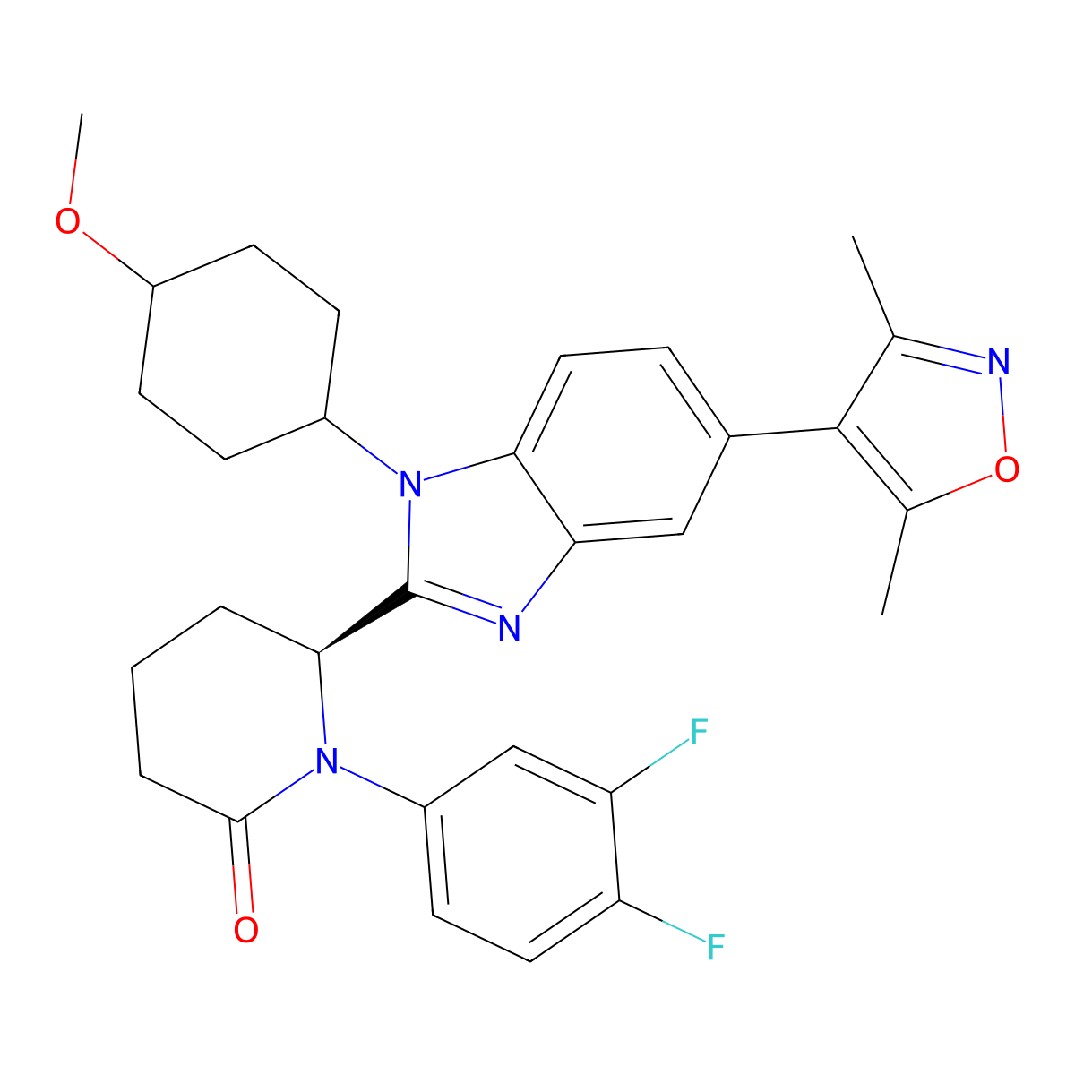 (6S)-1-(3,4-difluorophenyl)-6-(5-(3,5-dimethyl-1,2-oxazol-4-yl)-1-(4-methoxycyclohexyl)benzimidazol-2-yl)piperidin-2-one molecular structure, CAS 2222941-37-7