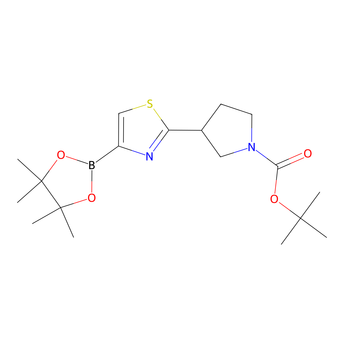 tert-Butyl 3-(4-(4,4,5,5-tetramethyl-1,3,2-dioxaborolan-2-yl)thiazol-2-yl)pyrrolidine-1-carboxylate molecular structure, CAS 2222995-74-4
