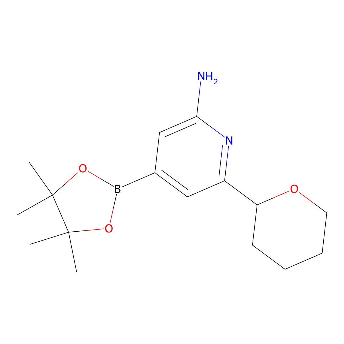 2-Amino-6-(oxan-2-yl)pyridine-4-boronic acid pinacol ester molecular structure, CAS 2222995-89-1