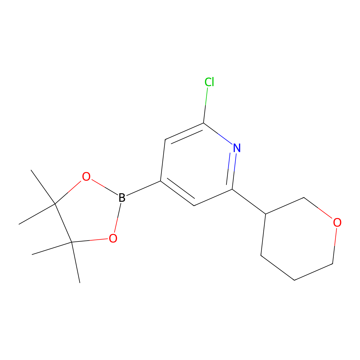 2-Chloro-6-(oxan-3-yl)pyridine-4-boronic acid pinacol ester molecular structure, CAS 2222995-92-6