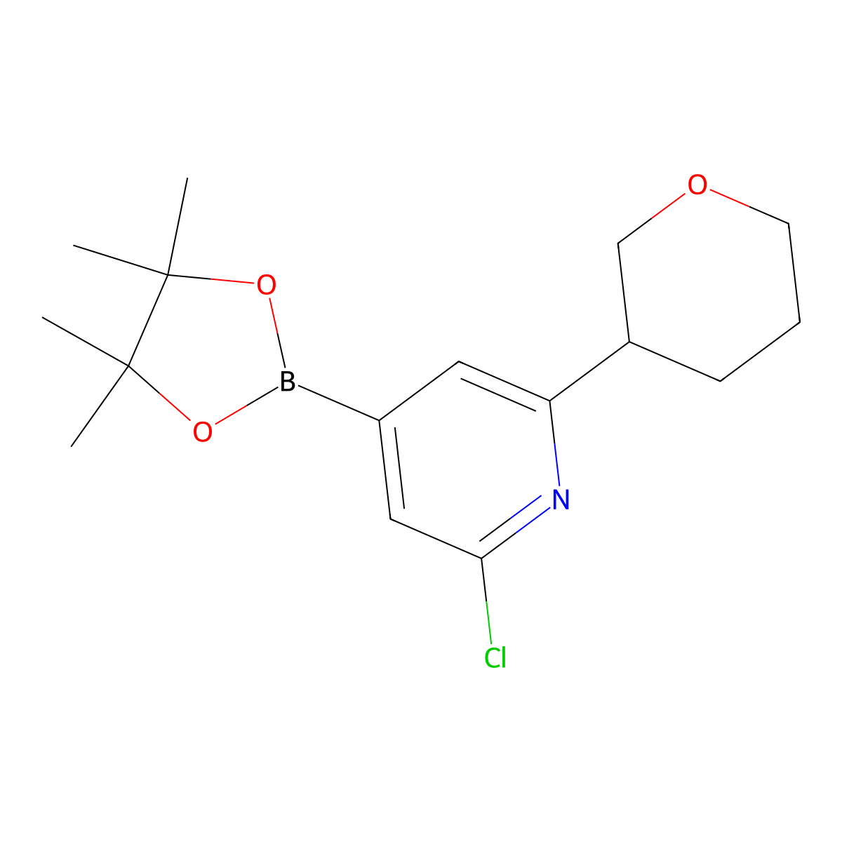 2-Chloro-6-(oxan-3-yl)pyridine-4-boronic acid pinacol ester molecular structure, CAS 2222995-92-6