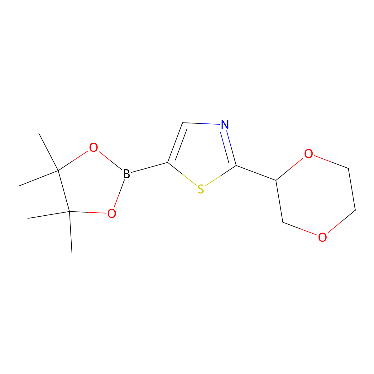 2-(1,4-Dioxan-2-yl)-5-(4,4,5,5-tetramethyl-1,3,2-dioxaborolan-2-yl)thiazole molecular structure, CAS 2222996-07-6