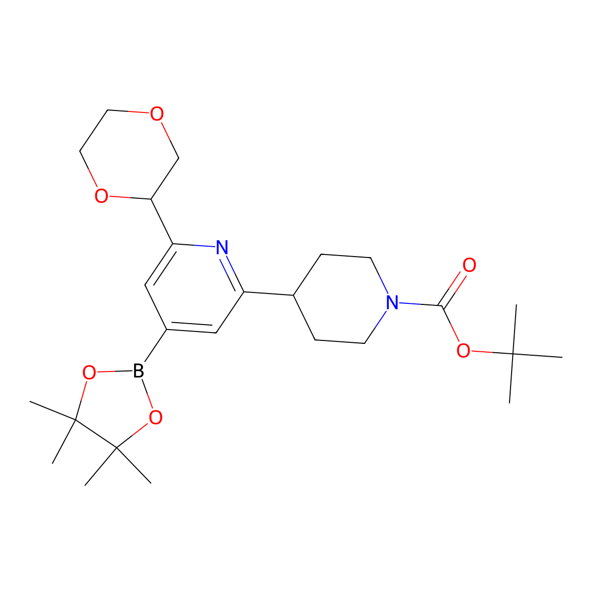 2-(N-Boc-Piperidin-4-yl)-6-(1,4-dioxan-2-yl)pyridine-4-boronic acid pinacol ester molecular structure, CAS 2222996-08-7