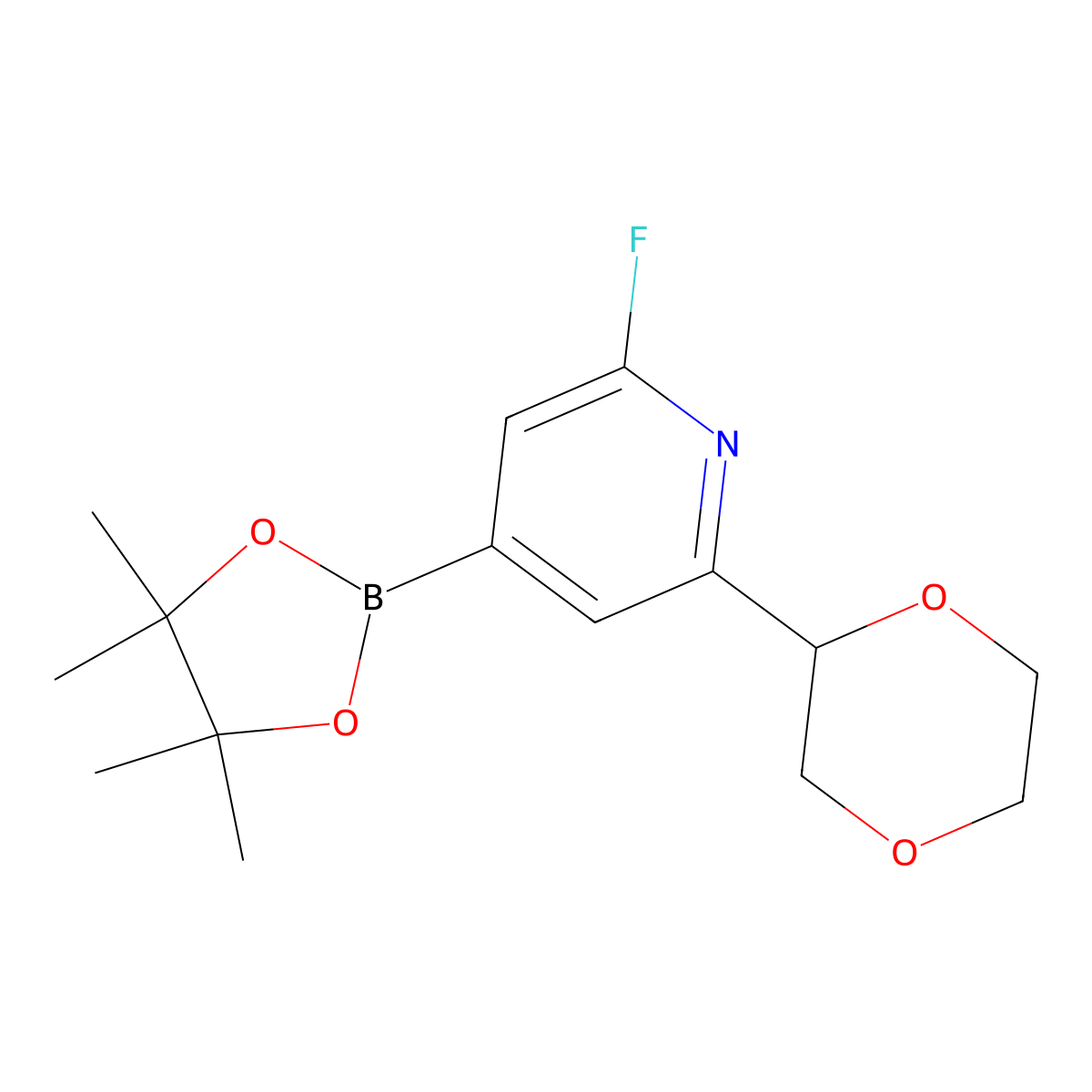 2-Fluoro-6-(1,4-dioxan-2-yl)pyridine-4-boronic acid pinacol ester molecular structure, CAS 2222996-11-2