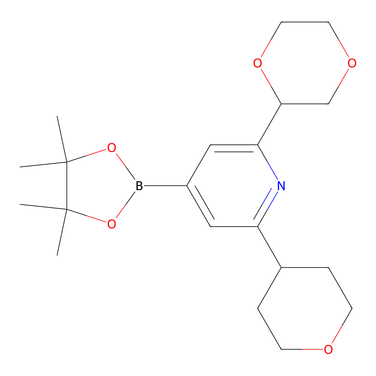 2-(Oxan-4-yl)-6-(1,4-dioxan-2-yl)pyridine-4-boronic acid pinacol ester molecular structure, CAS 2222996-13-4