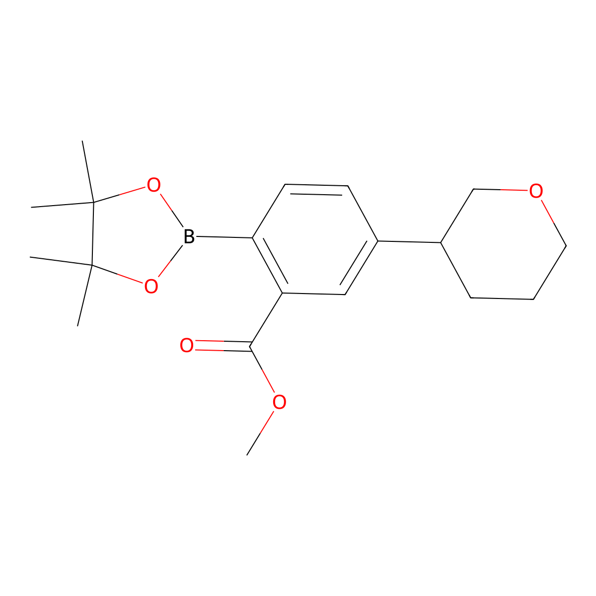 2-Methoxycarbonyl-4-(oxan-3-yl)phenylboronic acid pinacol ester molecular structure, CAS 2222996-22-5